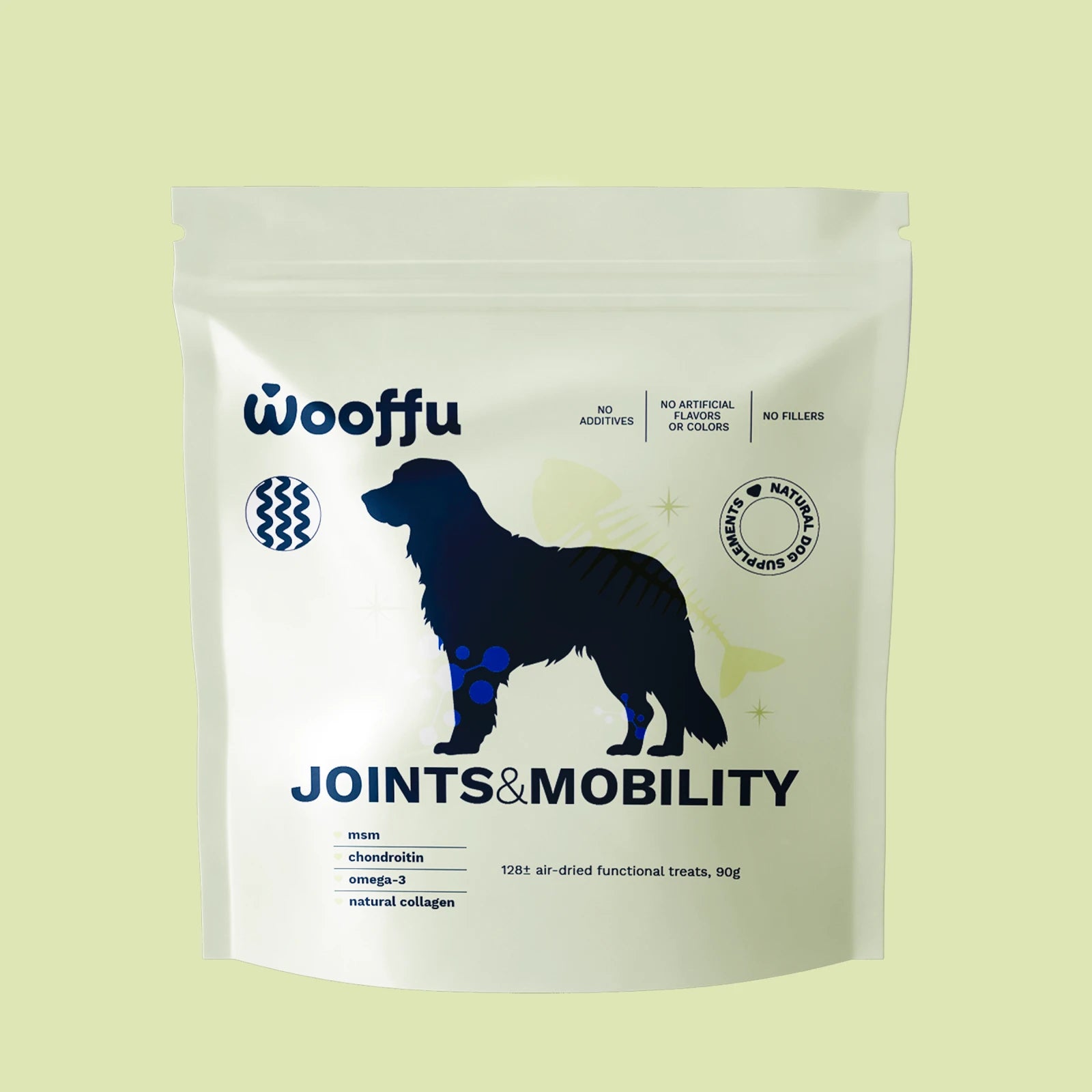 Wooffu Joints & Mobility natūralūs funkciniai skanėstai, papildai šunims – 128 vnt., 90g, su MSM, chondroitinu, omega-3 ir natūraliu kolagenu