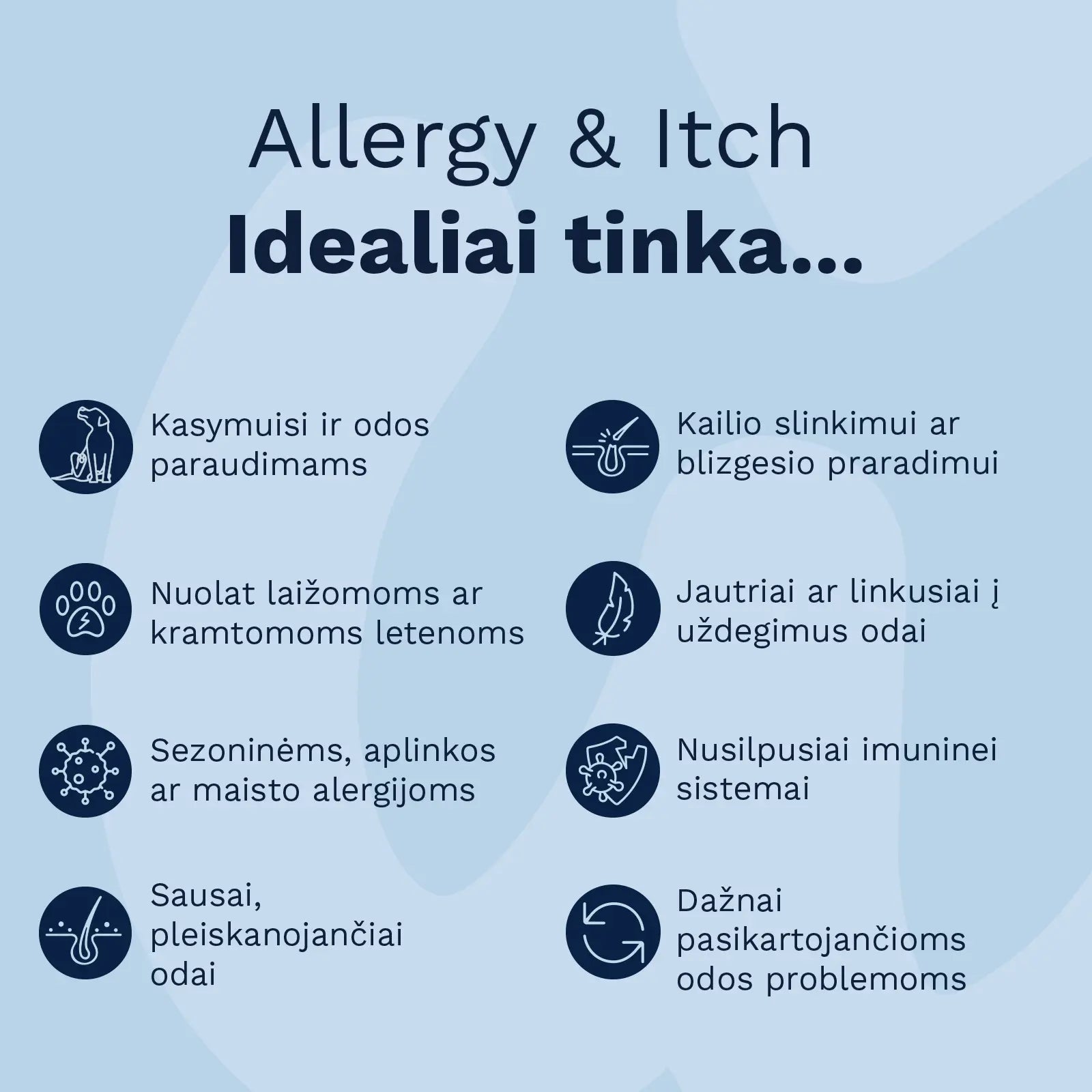 Wooffu Allergy & Itch papildas šunims tinka odos paraudimams, nuolat laižomoms letenoms, sezoninėms ar maisto alergijoms, sausai odai, kailio slinkimui ar šėrimuisi, nusilpusiai imuninei sistemai