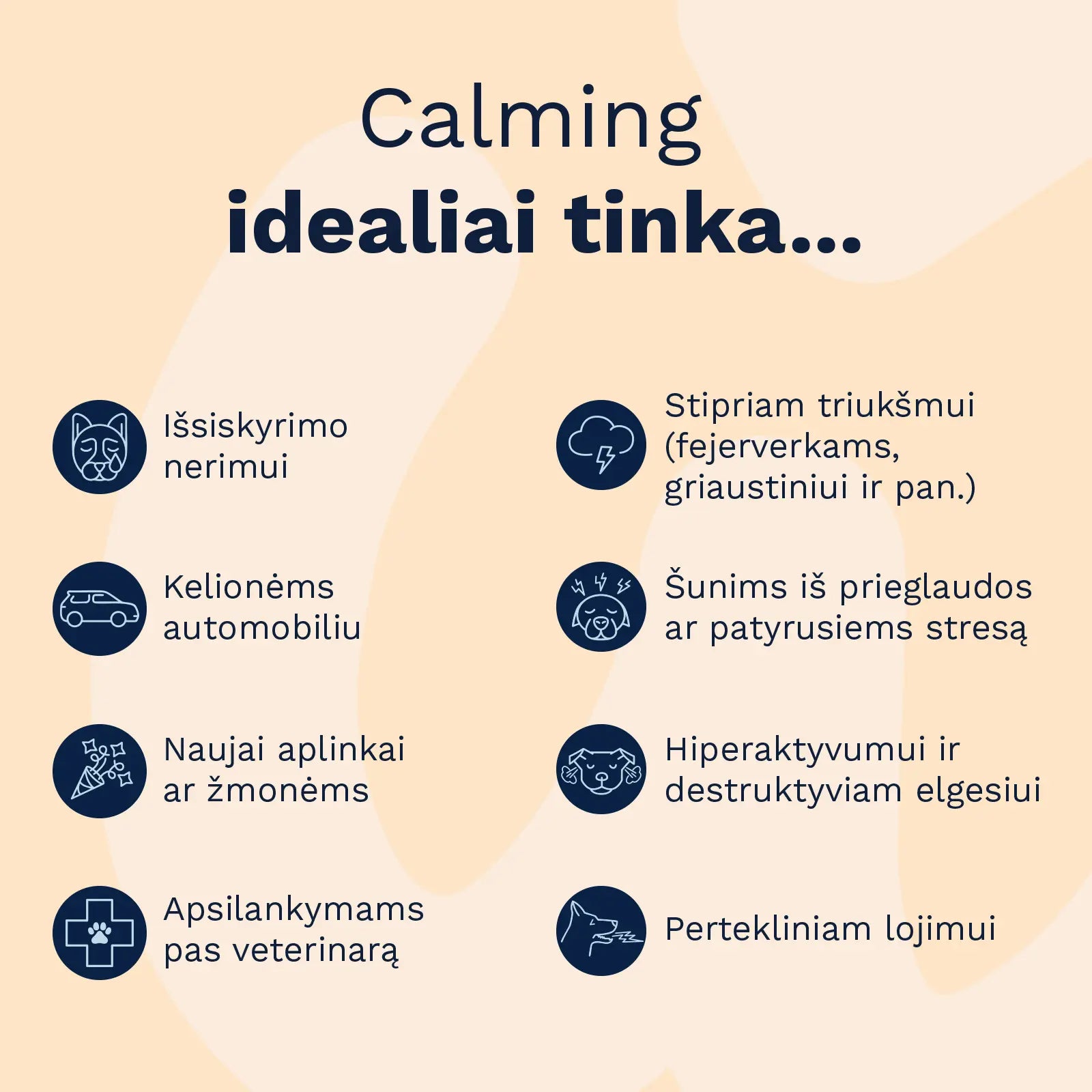 Wooffu Calming papildas šunims idealiai tinka išsiskyrimo nerimui, kelionėms automobiliu, naujai aplinkai, apsilankymams pas veterinarą, stripriam triukšmui - fejerverkams, šunims iš prieglaudos, hiperaktyviam elgesiui, pertekliniam lojimui