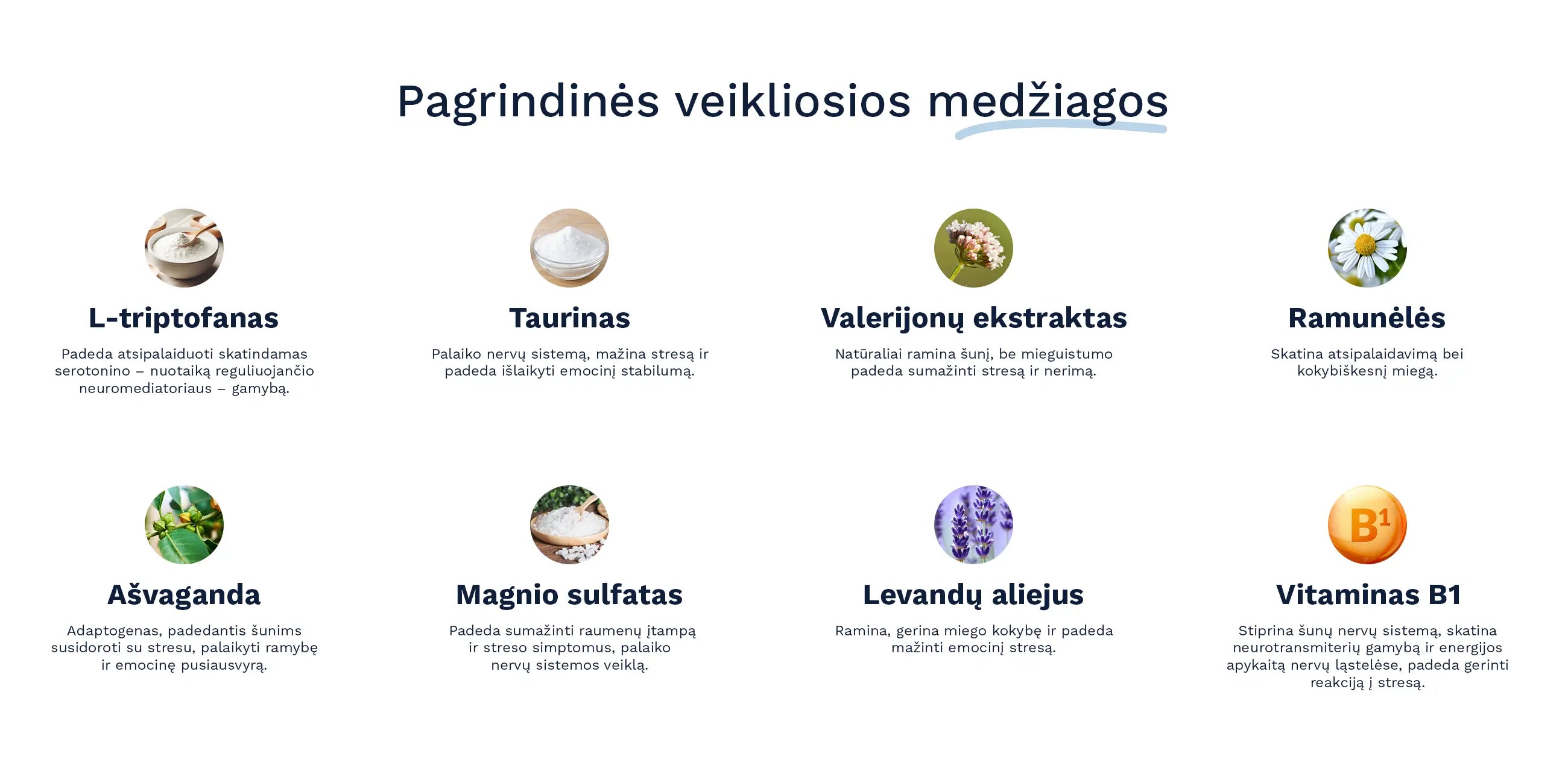 Pagrindiniai Wooffu Calming papildų šunims ingredientai - l-triptofanas, taurinas, valerijonai, ramunėlės, ašvaganda, magnio sulfatas, levandų aliejus, vitaminas B1.