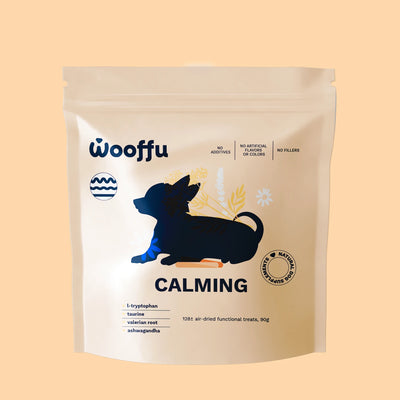 Wooffu Calming natūralūs funkciniai skanėstai, papildai šunims – 128 vnt., 90g, su L-triptofanu, taurinu, valerijonų šaknimi ir ašvaganda
