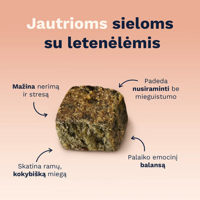 Wooffu Calming skanėsto nauda: mažina nerimą ir stresą, padeda nusiraminti be mieguistumo, skatina ramų kokybišką miegą, palaiko emocinį balansą