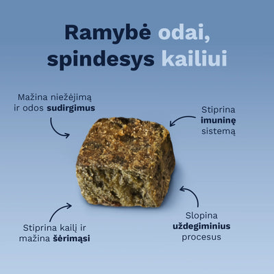 Wooffu Allergy & Itch nauda: mažina niežėjimą ir odos sudirgimus, stiprina imuninę sistemą, slopina uždegiminius procesus, stiprina kailį ir mažina šėrimąsi